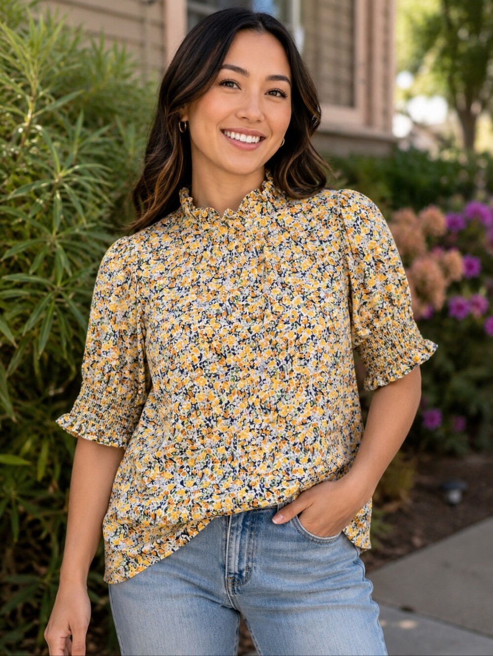 Les Amis NWT Floral Blouse Small Cottagecore Ruffle Mock Neck Puff Sleeve